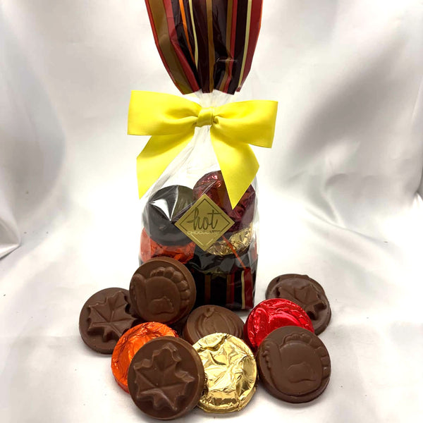 A variety of fall-inspired solid chocolate coins, some wrapped in red and yellow foils, set against a white background.