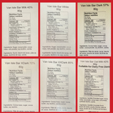 An image showing the nutritional breakdown and ingredient list of 6 Van Isle 80g chocolate bars.