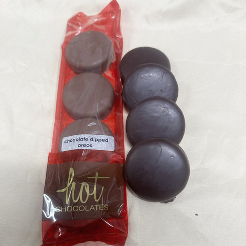1 bag of packaged chocolate dipped Oreo cookies reading 'chocolate dipped oreos' on the front with an un-packaged example beside, on a white background.