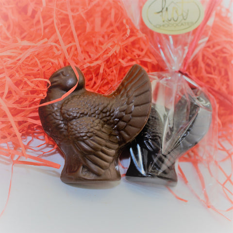 2 detailed Solid Chocolate Thanksgiving Turkey Favours, one packaged in a clear bag with an orange tie and a Hot Chocolates sticker, on a bed of orange shred.