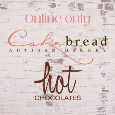 Promotional image for special occasion online gift cards available from Cakebread Artisan Bakery and Hot Chocolates. Features text on a wooden background.