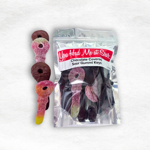 Chocolate dipped sour keys in a shiny sliver bag with a red label that reads ' You had me at sour'  on a white background.