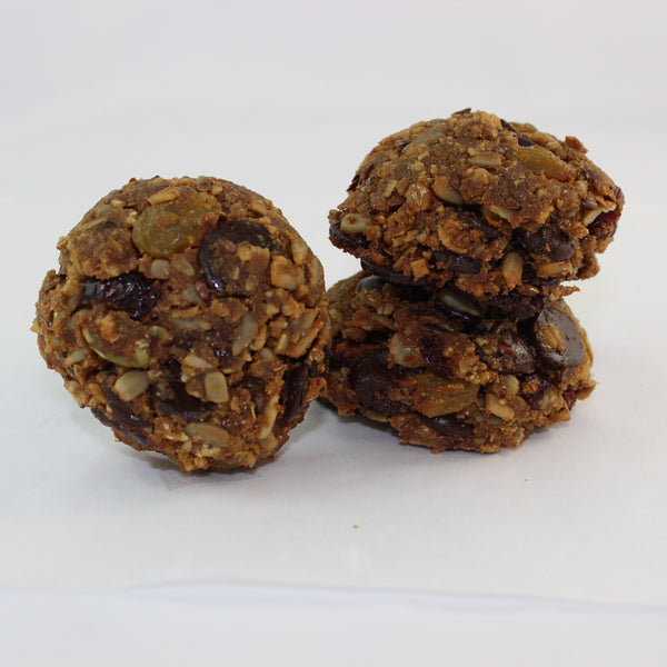 An image featuring a dairy free cookie stack called the Alpine Meadow, packed full of dried fruits and nuts.