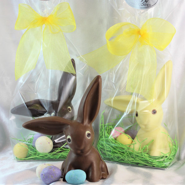 A semi-solid chocolate Easter Bunny posed with assorted malt eggs, in milk, white and dark chocolate, with yellow bows.