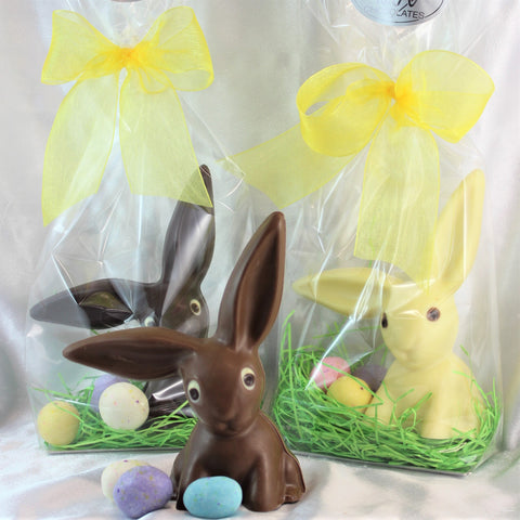 A semi-solid chocolate Easter Bunny posed with assorted malt eggs, in milk, white and dark chocolate, with yellow bows.