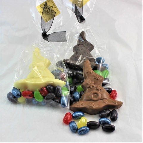 Packaged Chocolate Sorting Hat & Candy Treat Bags with Jelly Bellies candy in the foreground.