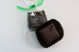 2 squares, one packaged with a green bow and a label that read 'mint dairy free' and the other without packaging, with a clover design in chocolate.