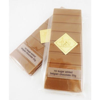 An image showing 2 no sugar added chocolate bars, wrapped in clear packaging with a Hot Chocolates logo sticker.